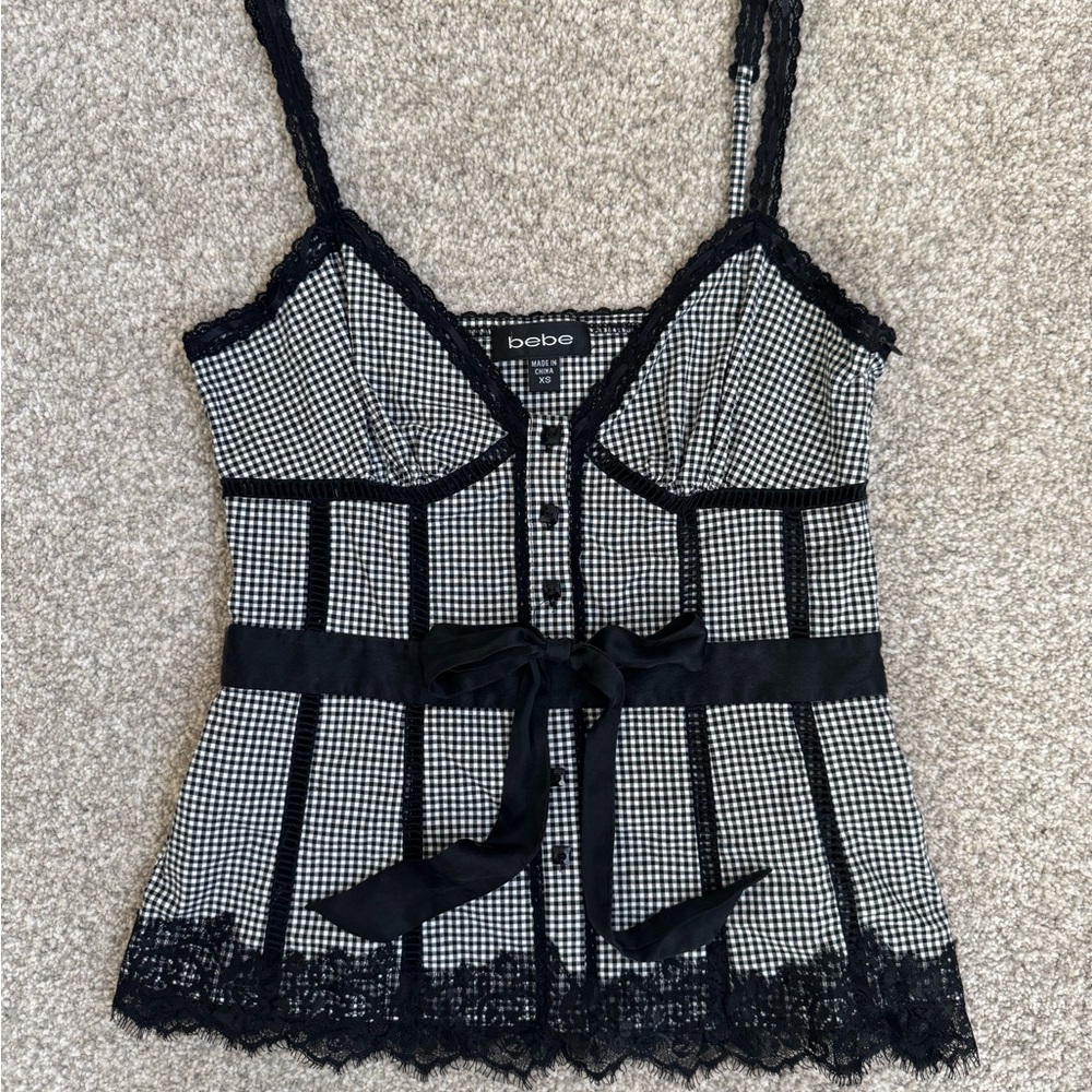 Y2K VINTAGE BEBE Gingham Lace Trim Top Coquette XS